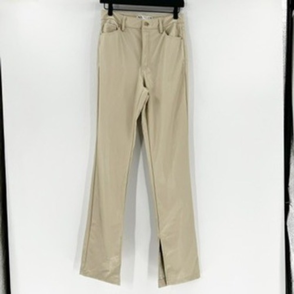 Zara Faux Leather Pants‎ Women's USA 6 Beige Bootcut Slit Hem High Rise